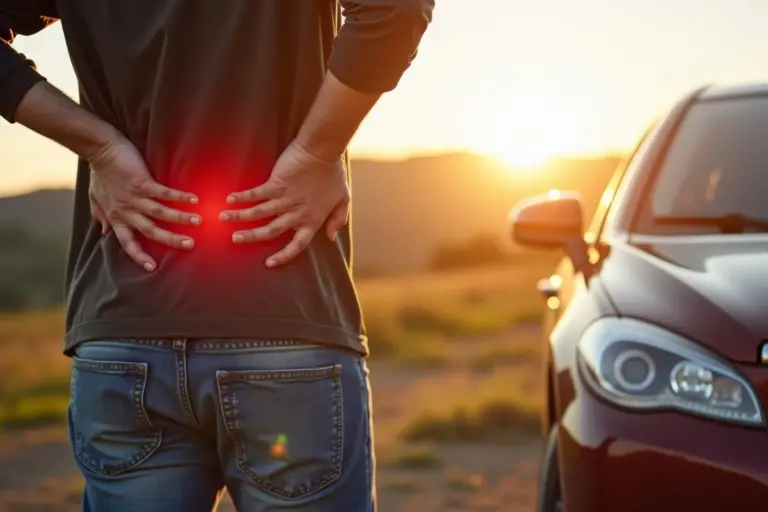 A man holding his sore lower back beside his car