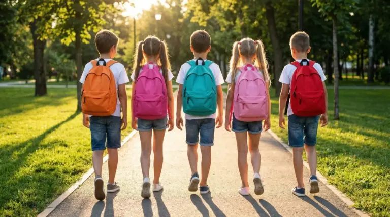 Children with colorful backpacks walking to school together